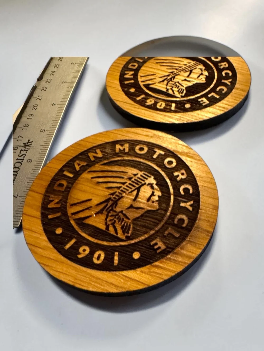 Indian Motorcycle 1901 Logo Wooden Coasters Set of 2 Engraved Wood Biker Decor